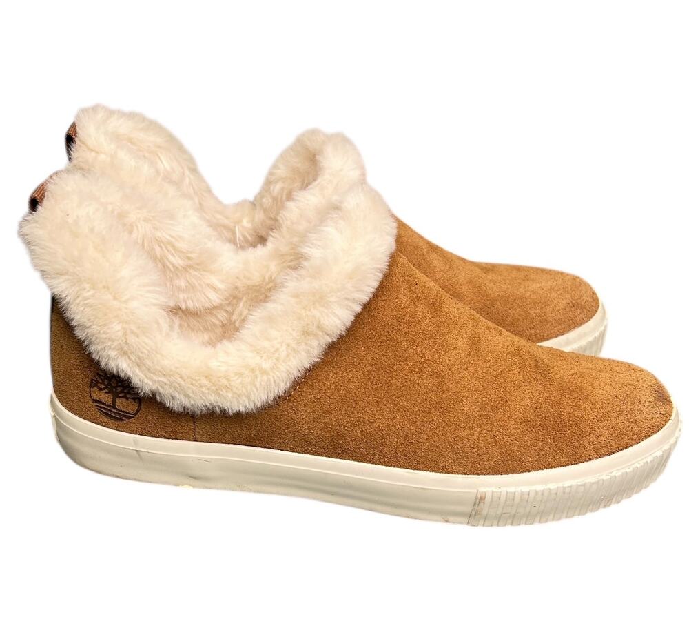 Timberland 8.5 Skyla Bay Brown Suede Faux Fur Lined Slip On Sneaker Booties